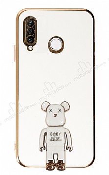 Eiroo Huawei P30 Lite Baby Bear Standl Beyaz Silikon Klf