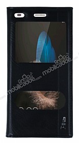 Huawei P8 Lite Gizli Mknatsl ift Pencereli Siyah Deri Klf