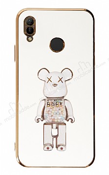 Eiroo Huawei Y6 2019 Candy Bear Standl Beyaz Silikon Klf