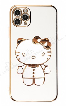 Eiroo iPhone 11 Pro Aynal Kitty Standl Beyaz Silikon Klf