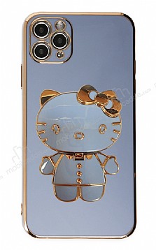 Eiroo iPhone 11 Pro Max Aynal Kitty Standl Mavi Silikon Klf