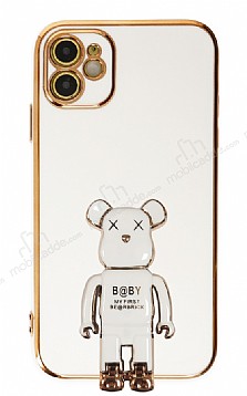 Eiroo iPhone 12 Baby Bear Standl Beyaz Silikon Klf