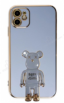 Eiroo iPhone 12 Baby Bear Standl Mavi Silikon Klf