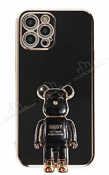 Eiroo iPhone 12 Pro Baby Bear Standl Siyah Silikon Klf