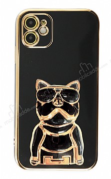 Eiroo iPhone 12 Bulldog Standl Siyah Silikon Klf