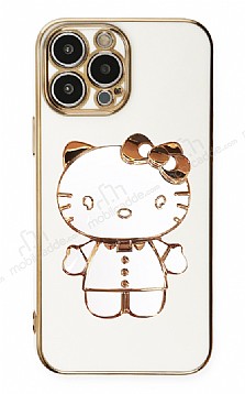 Eiroo iPhone 13 Pro Max Aynal Kitty Standl Beyaz Silikon Klf