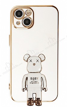 Eiroo iPhone 14 Baby Bear Standl Beyaz Silikon Klf