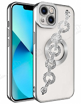 Eiroo iPhone 14 Plus Kamera Korumal Halka Zincirli Silver Silikon Klf