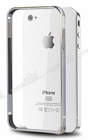 Eiroo iPhone 4 / 4S Gold izgili Bumper ereve Silver Klf
