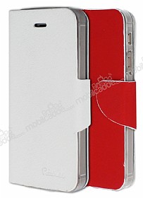 Eiroo iPhone SE / 5 / 5S ift Renk Kapakl Beyaz ve Krmz Deri Klf