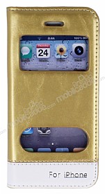 iPhone SE / 5 / 5S Gizli Mknatsl ift Pencereli Gold Deri Klf
