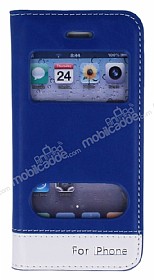 iPhone SE / 5 / 5S Gizli Mknatsl ift Pencereli Mavi Deri Klf