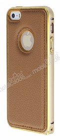 Eiroo iPhone SE / 5 / 5S Metal Kenarl Gold Deri Klf