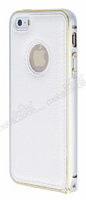 Eiroo iPhone SE / 5 / 5S Metal Kenarl Beyaz Deri Klf