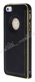 Eiroo iPhone SE / 5 / 5S Metal Kenarl Siyah Deri Klf