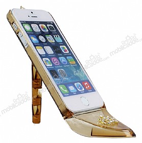 Eiroo iPhone SE / 5 / 5S Topuklu Ayakkab Tal Standl Gold Klf