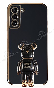 Eiroo Samsung Galaxy S21 Plus Baby Bear Standl Siyah Silikon Klf