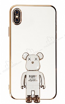Eiroo iPhone X / XS Baby Bear Standl Beyaz Silikon Klf