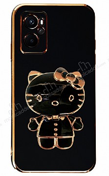 Eiroo Kitty Oppo A96 Standl Siyah Silikon Klf