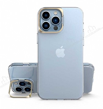 Eiroo Lens Stand iPhone 13 Pro Max Gold Kamera Şeffaf Silikon Kılıf