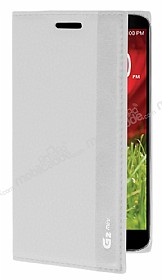 LG G2 Mini Gizli Mknatsl nce Yan Kapakl Beyaz Deri Klf