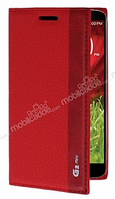 LG G2 Mini Gizli Mknatsl nce Yan Kapakl Krmz Deri Klf