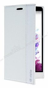 LG G3 Stylus Gizli Mknatsl Beyaz Deri Klf