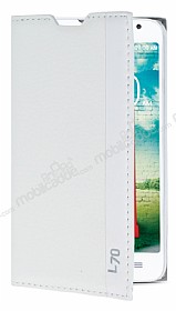 LG L70 Gizli Mknatsl nce Yan Kapakl Beyaz Deri Klf