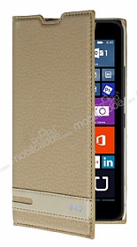 Microsoft Lumia 640 Gizli Mknatsl Yan Kapakl Gold Deri Klf