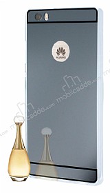 Eiroo Mirror Huawei P8 Lite Silikon Kenarl Aynal Dark Silver Rubber Klf