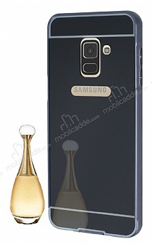 Eiroo Mirror Samsung Galaxy A8 2018 Metal Kenarl Aynal Siyah Rubber Klf