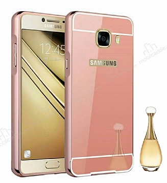 Eiroo Mirror Samsung Galaxy C5 Pro Metal Kenarl Aynal Rose Gold Rubber Klf