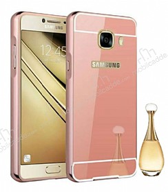 Eiroo Mirror Samsung Galaxy C7 SM-C7000 Metal Kenarl Aynal Rose Gold Rubber Klf