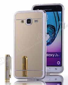 Eiroo Mirror Samsung Galaxy J3 Silikon Kenarl Aynal Gold Rubber Klf