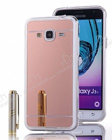 Eiroo Mirror Samsung Galaxy J3 Silikon Kenarl Aynal Rose Gold Rubber Klf