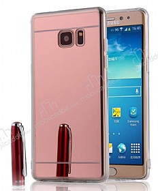 Eiroo Mirror Samsung Galaxy Note 5 Silikon Kenarl Aynal Rose Gold Rubber Klf
