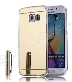 Eiroo Mirror Samsung Galaxy S6 Edge Silikon Kenarl Aynal Gold Rubber Klf