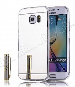 Eiroo Mirror Samsung Galaxy S6 Edge Silikon Kenarl Aynal Silver Rubber Klf