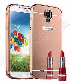 Eiroo Mirror Samsung i9500 Galaxy S4 Metal Kenarl Aynal Rose Gold Rubber Klf