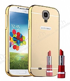 Eiroo Mirror Samsung i9500 Galaxy S4 Metal Kenarl Aynal Gold Rubber Klf