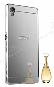 Eiroo Mirror Sony Xperia Z5 Metal Kenarl Aynal Silver Rubber Klf