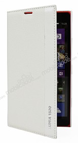 Nokia Lumia 1520 Gizli Mknatsl nce Yan Kapakl Beyaz Deri Klf