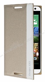 HTC Desire 610 Gizli Mknatsl Yan Kapakl Gold Deri Klf
