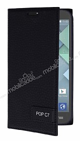 Alcatel One Touch Pop C7 Gizli Mknatsl Yan Kapakl Siyah Deri Klf