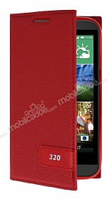 HTC Desire 320 Gizli Mknatsl Yan Kapakl Krmz Deri Klf