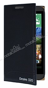 HTC Desire 320 Gizli Mknatsl Yan Kapakl Siyah Deri Klf