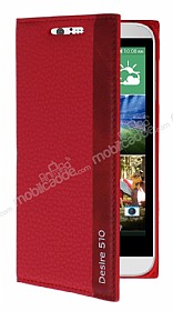 HTC Desire 510 Gizli Mknatsl Yan Kapakl Krmz Deri Klf