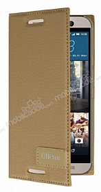 HTC One M9 Gizli Mknatsl Yan Kapakl Gold Deri Klf
