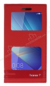 Huawei Honor 7 Gizli Mknatsl Pencereli Krmz Deri Klf