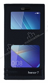 Huawei Honor 7 Gizli Mknatsl Pencereli Siyah Deri Klf